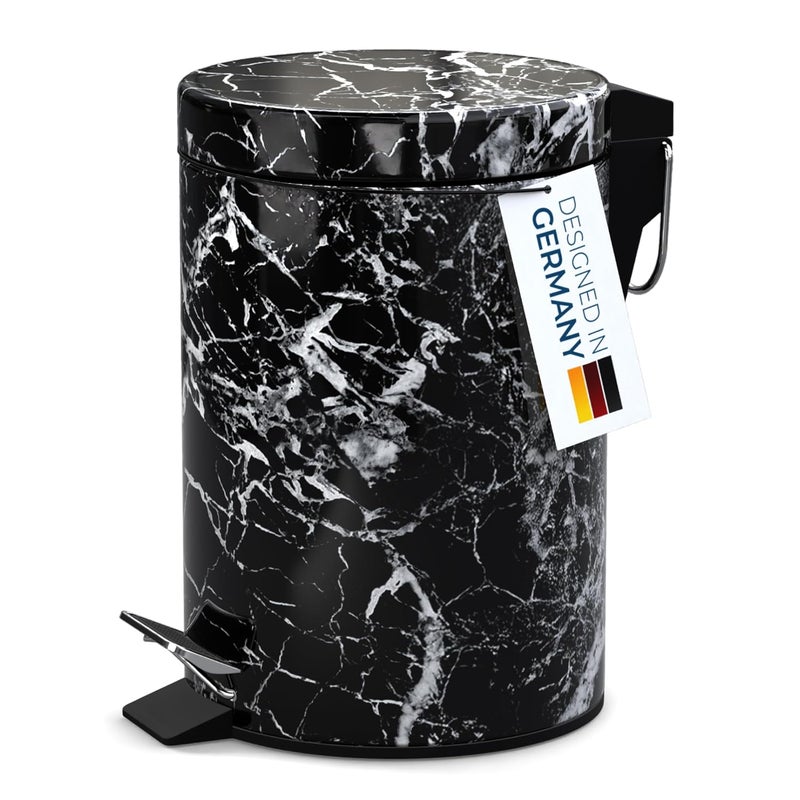 Sanilo Small Bathroom Trash Can with Lid [1.3 Gallon] - Lidded Tiny Trashcan for Garbage - Mini Metal Bin with Soft Closing Mechanism - Bath Room Accessoire Wastebin with Inner Bucket (Marble Black) - Image 2